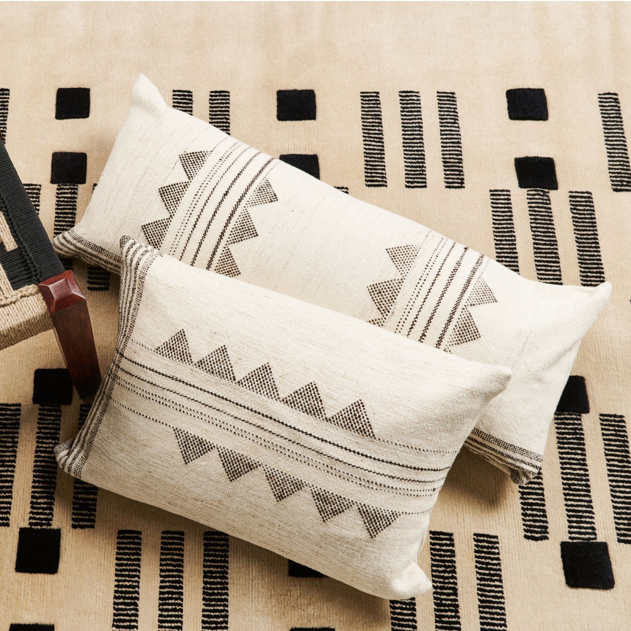 Kora White And Black Handloom Small Lumbar Pillow