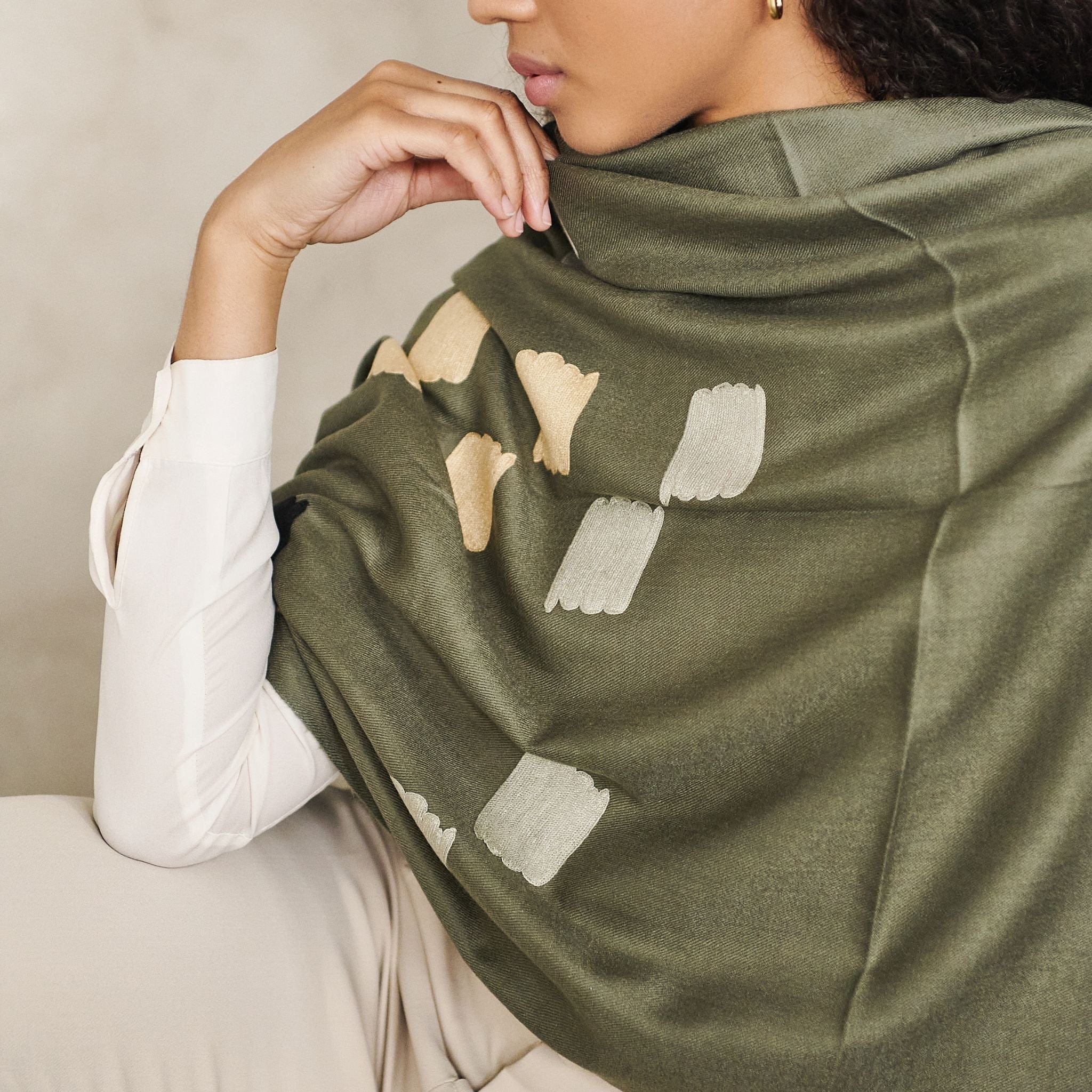 Sahara Olive Green Silk Merino Hand Woven Hand Embroidered Scarf