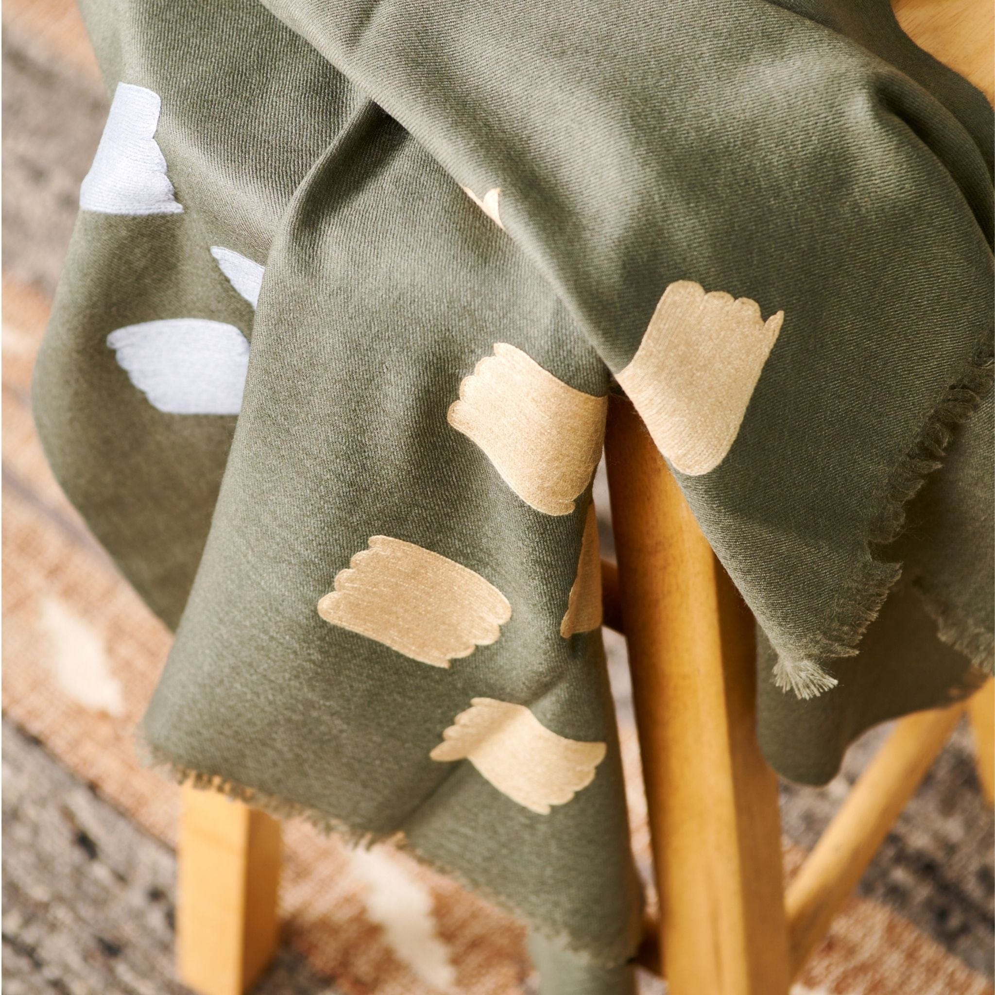 Sahara Olive Green Silk Merino Hand Woven Hand Embroidered Scarf