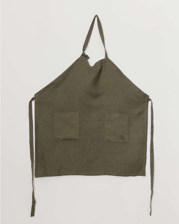 Moku Linen Apron, Olive Flat