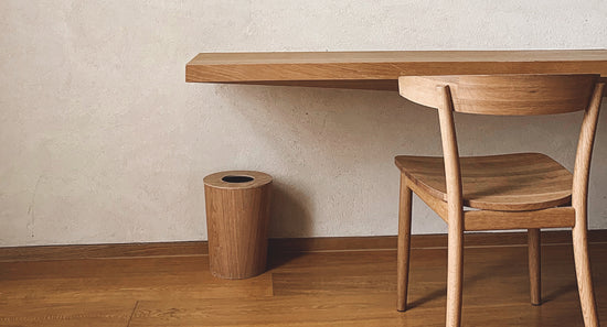 Wooden table, desk and trash can