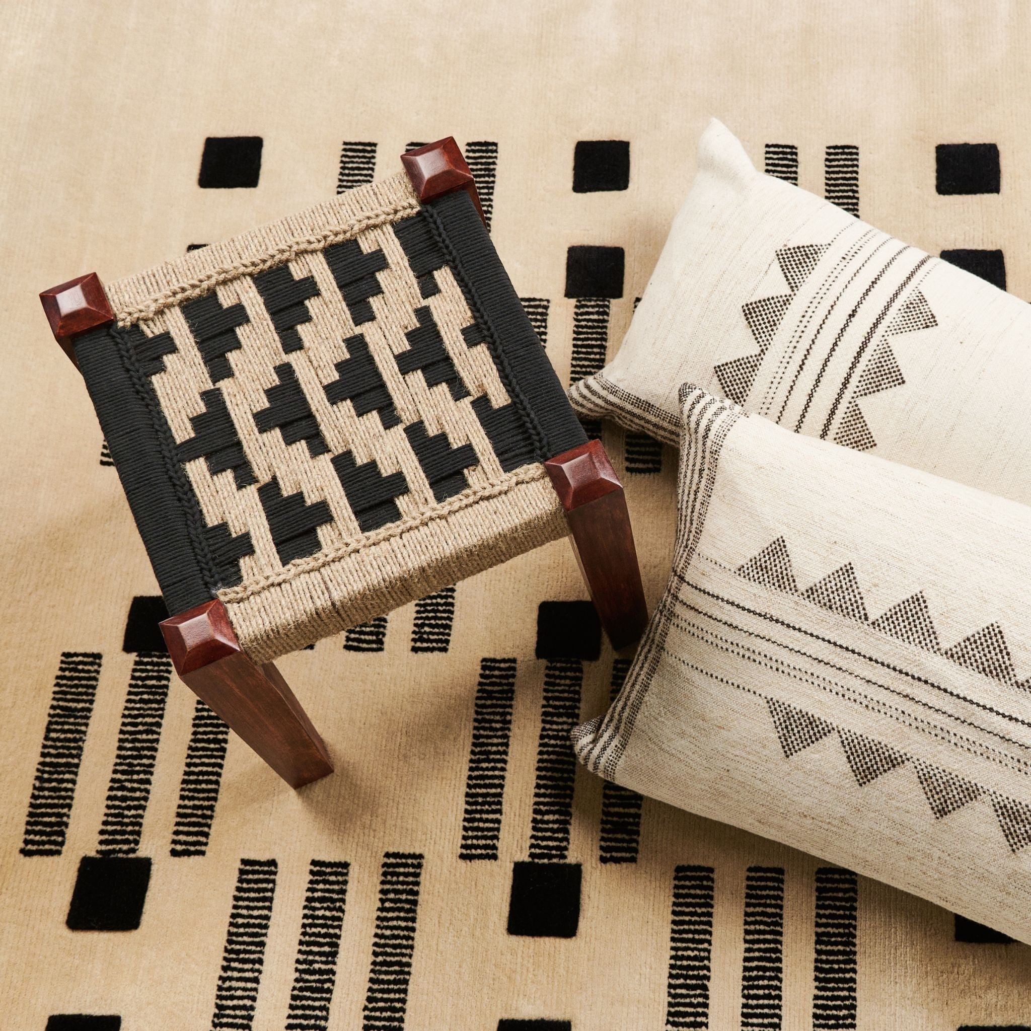 Kora White And Black Handloom Small Lumbar Pillow