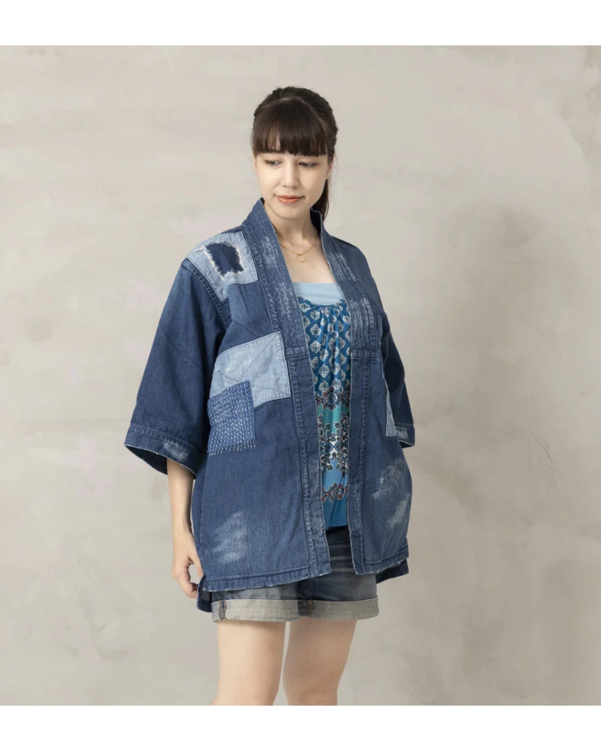 Mastercraftsmanship Patchwork &amp; Distressed Kimono Denim Jacket