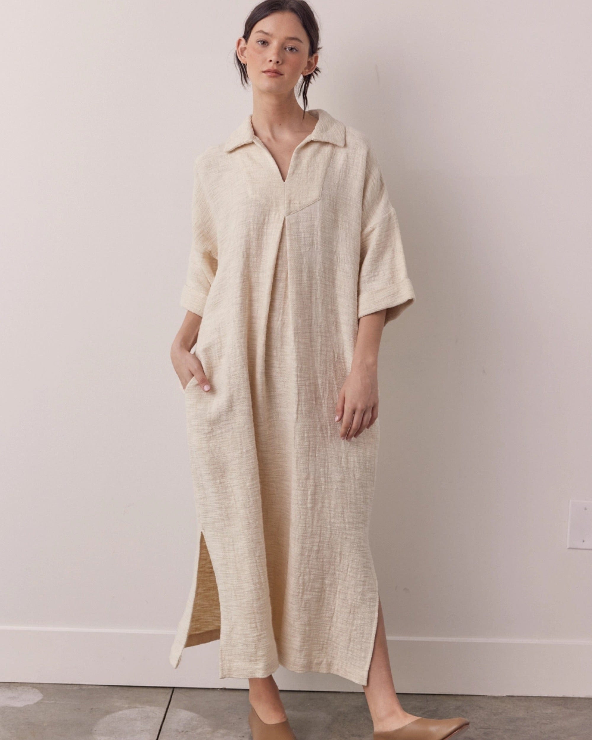 Back-shirred Midi Dress, Oatmeal