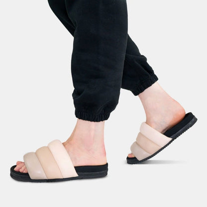 ROAM Puffy Sandals Nudes Vegan Leather On Feet