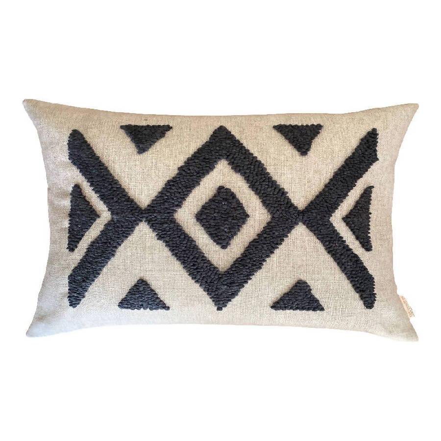 Punch Needle Ndebele Lumbar Pillow - Pattern 2 - Charcoal on Natural