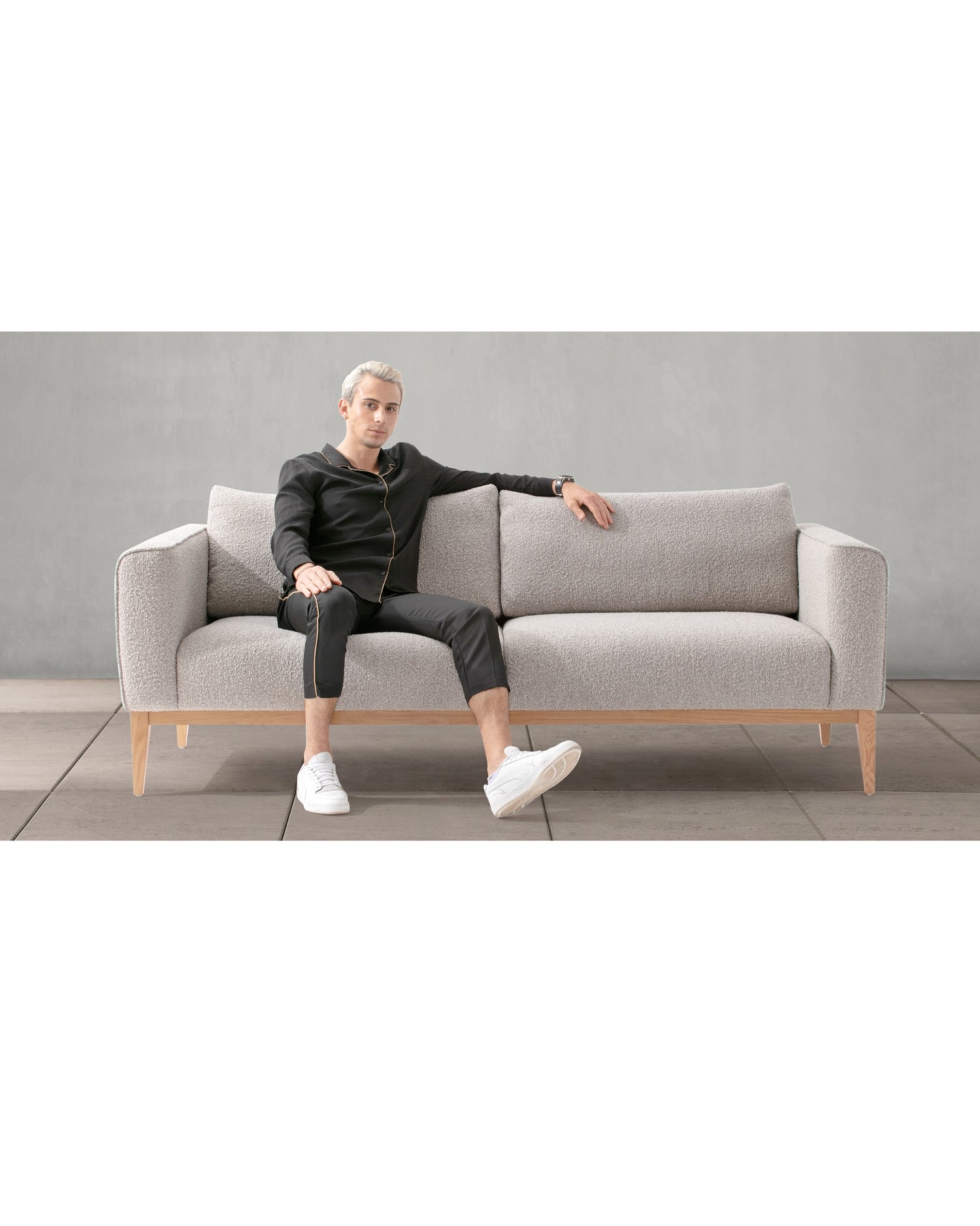 Colin 84" Fabric Sofa with person