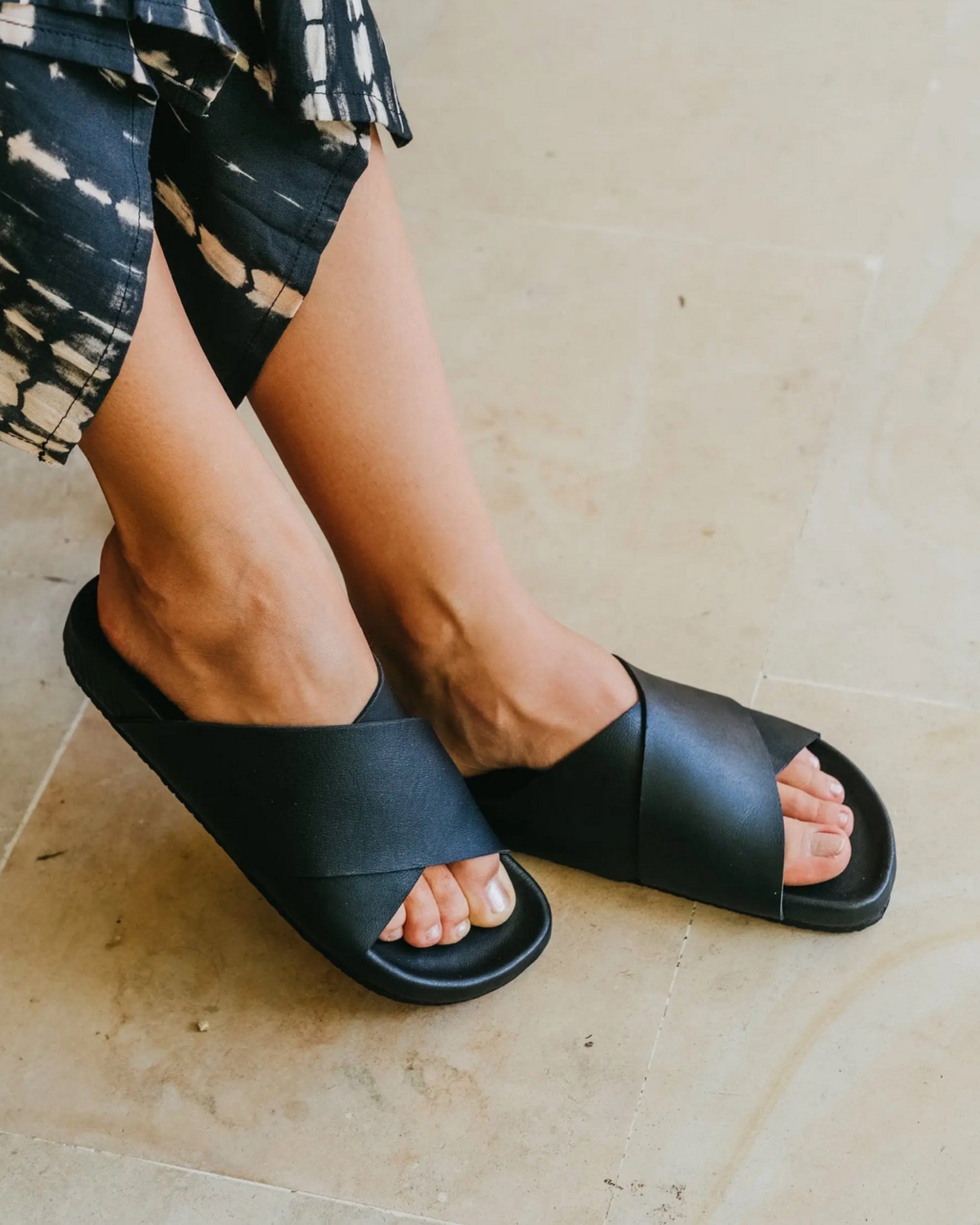 Cross Strap Leather Slides - Black