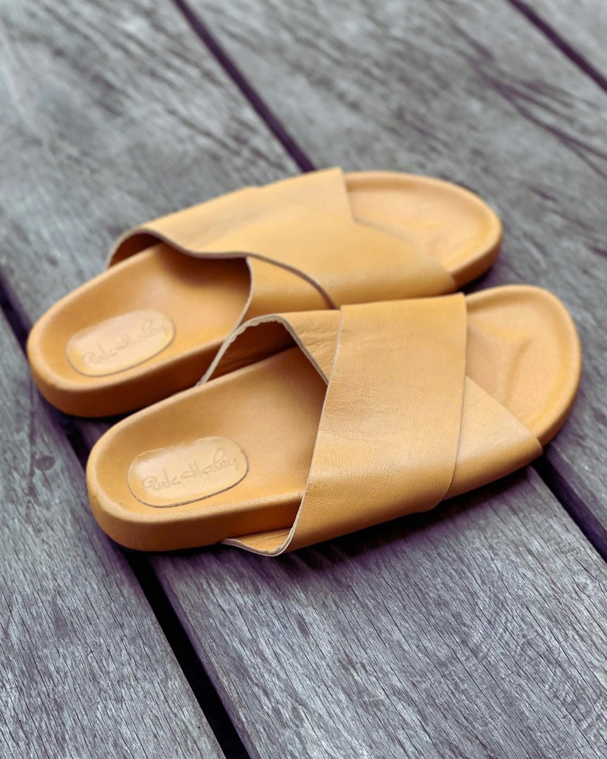 Tan leather slide store sandals