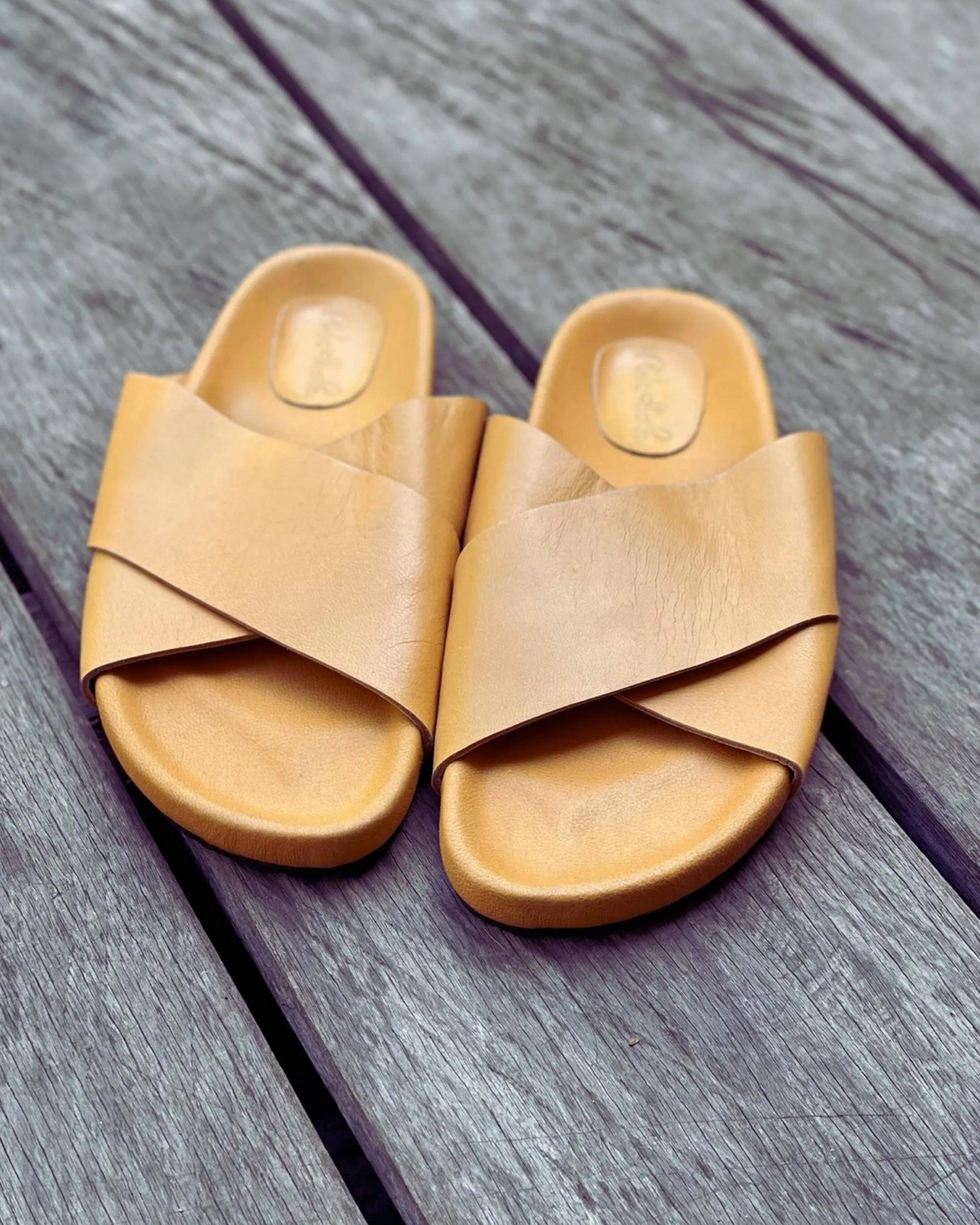 Tan leather hot sale slide sandals