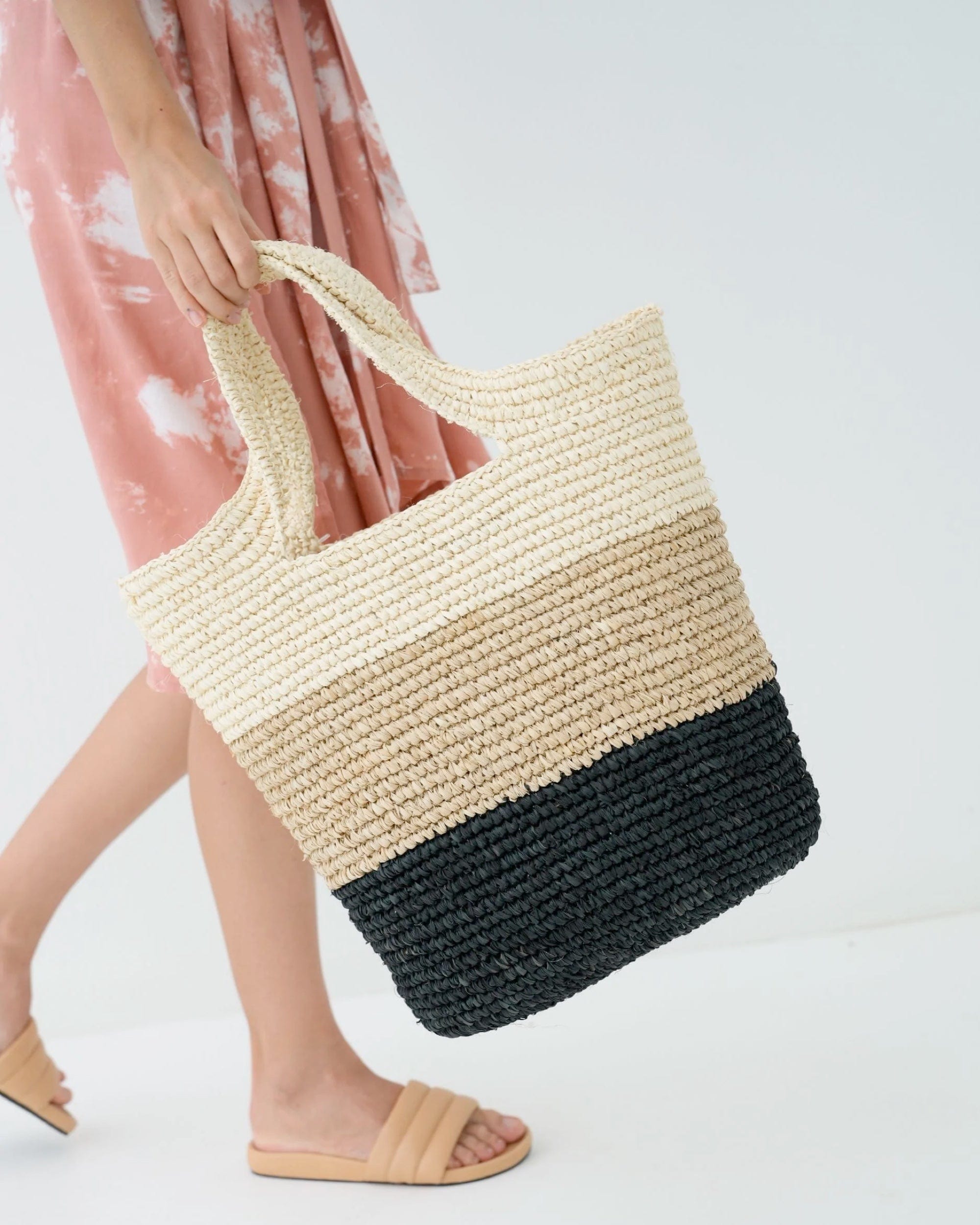 Handmade Colorblock Raffia Tote Walking