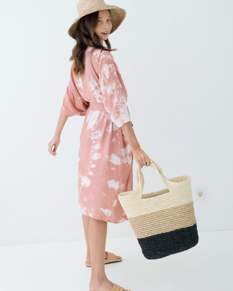 Handmade Colorblock Raffia Tote Walking